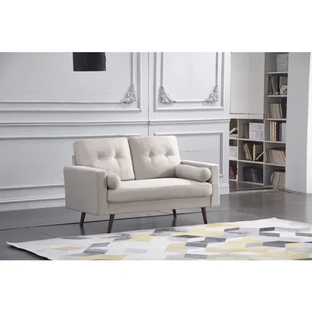Linen Upholstered Tufted Loveseat with Pillows, Wood Angled Legs 2 Seater Sofa Couch, Beige