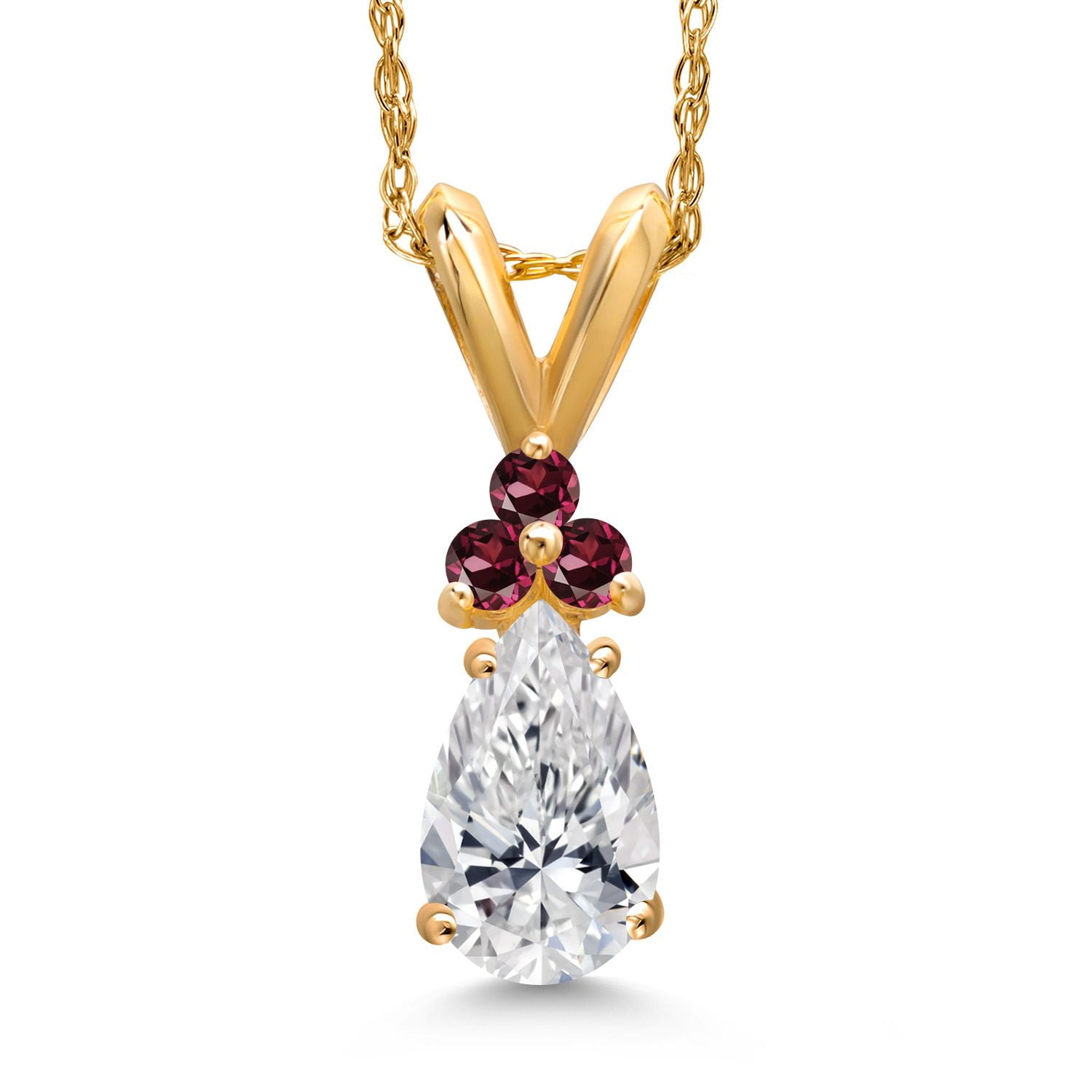 Gem Stone King 14K Yellow Gold DEF Lab Grown Diamond and Red Rhodolite Garnet Pendant Necklace for Women | 0.63 Cttw | Gemstone April Birthstone | Pear Shape 7X5MM | With 18 inch Chain