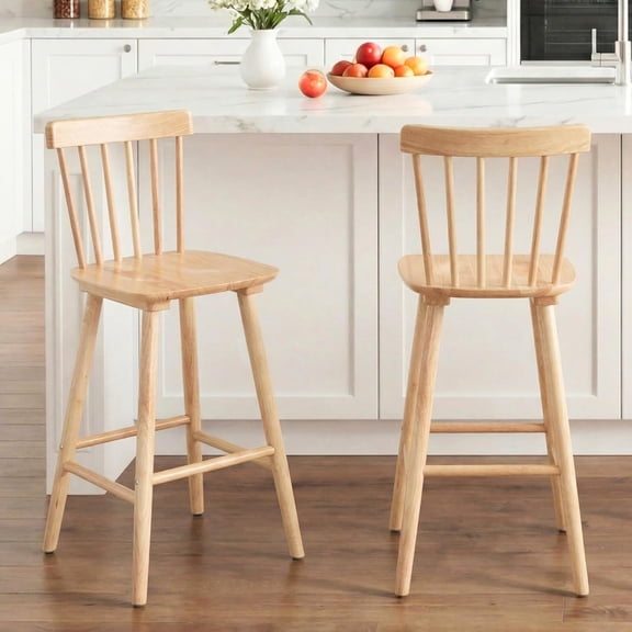 Windsor Bar Stools Set of 2, 26 Inch Counter Height Barstools Wooden Barstools with Spindle Back/Bigger Seat for Kitchen Island/Breakfast Bar/Home Pub, Natural
