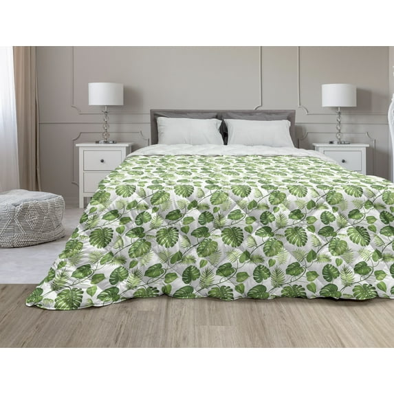 Leaf Down Alternative Comforter, Digital Neon Vivid Colored Island Oceanic Flowers and Leaves, Microfiber Quilt for All Season, 5 Sizes, Turquoise Dark Blue, by Ambesonne