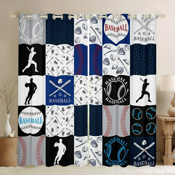 Manfei Modern Baseball Teens Black Out Curtains, Ball Sports Lover Curtains Pack of 2 (42x63 Each), Cartoon Patchwork Bedroom Curtains, Curtains and Drapes Home Decor