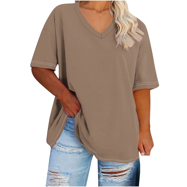 Hecho para Más Camisa Mujeres de Cuello en V de Gran Tamaño de Manga Corta Top Sólido, Base de Verano Deportivo Tee para el Uso Diario Y Casual Del Hogar, Bastidor de Imitación Ligero