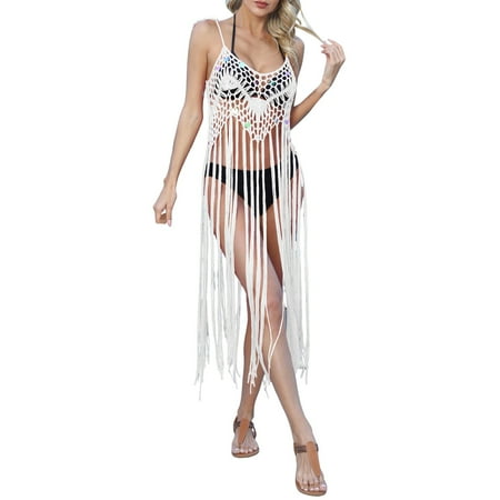 AOMPMSDX Beach Skirt Fashion Sequin Stitching Pure Hand Hook Suspender Skirt Vacation Long Tassel Bikini Cover Up White One Size