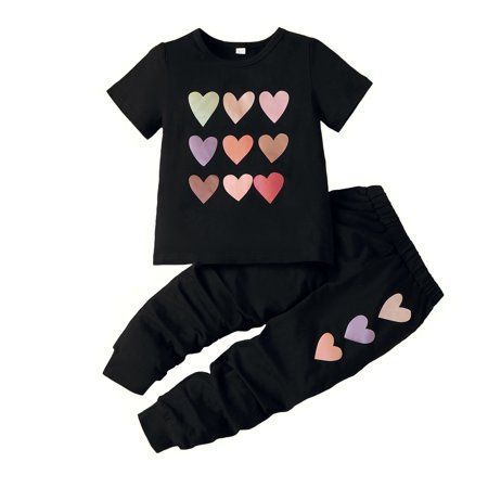 

OLLUISNEO 4T Toddler Baby Girls Clothes Baby Girls Short Sleeve Top + Pants 2Pcs Outfits Set Black