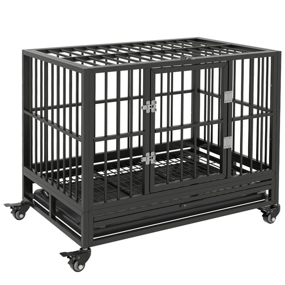 Noaman™ 36" Heavy Duty Dog Crate Metal Cage Kennel with Lockable Wheels, Double Door & Removable Tray, Gray