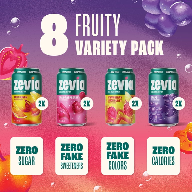 Zevia Zero Sugar, Caffeine-Free Fruity Variety Soda, 12 fl oz, 8