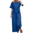 thumbnail image 2 of Miluxas Women's 100% Cotton Linen Lounge Set Clearance Short Sleeve Top Pajamas Wide Leg Pants Loungewear Outfits Pocket Navy 16(XXXXL), 2 of 4