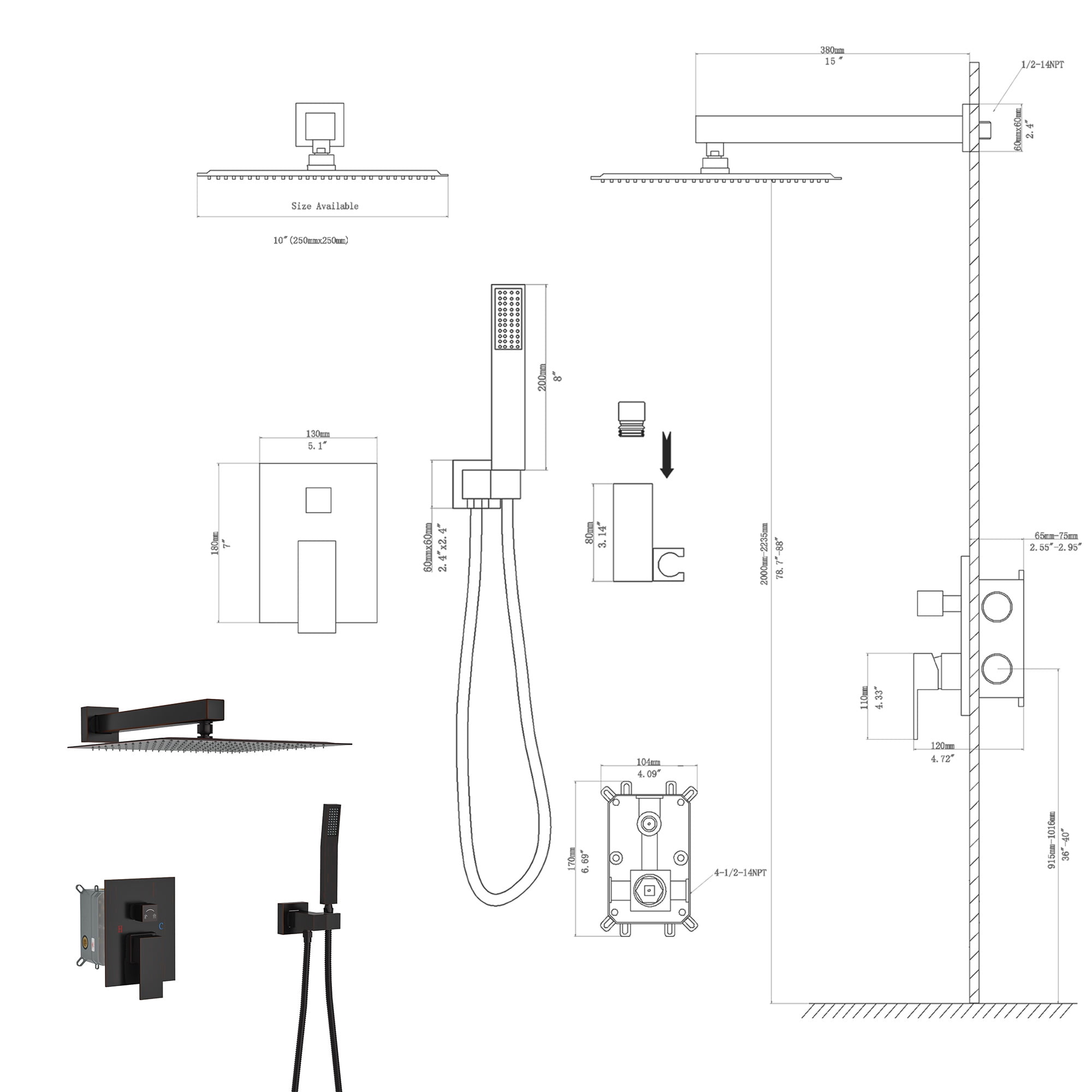 Logmey 10" Wall Mounted Pressure Balancing Dual Shower Rain Shower System with Rough-in Valve and Trim Kit, Oil Rubbed Bronze Stainless Steel Shower Head