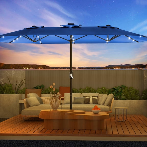 EastVita 15 FT Double Sided Patio Umbrella with LED Lights Heavy Duty Waterproof and Windproof Umbrella for Poolside Lawn and Backyard Blue