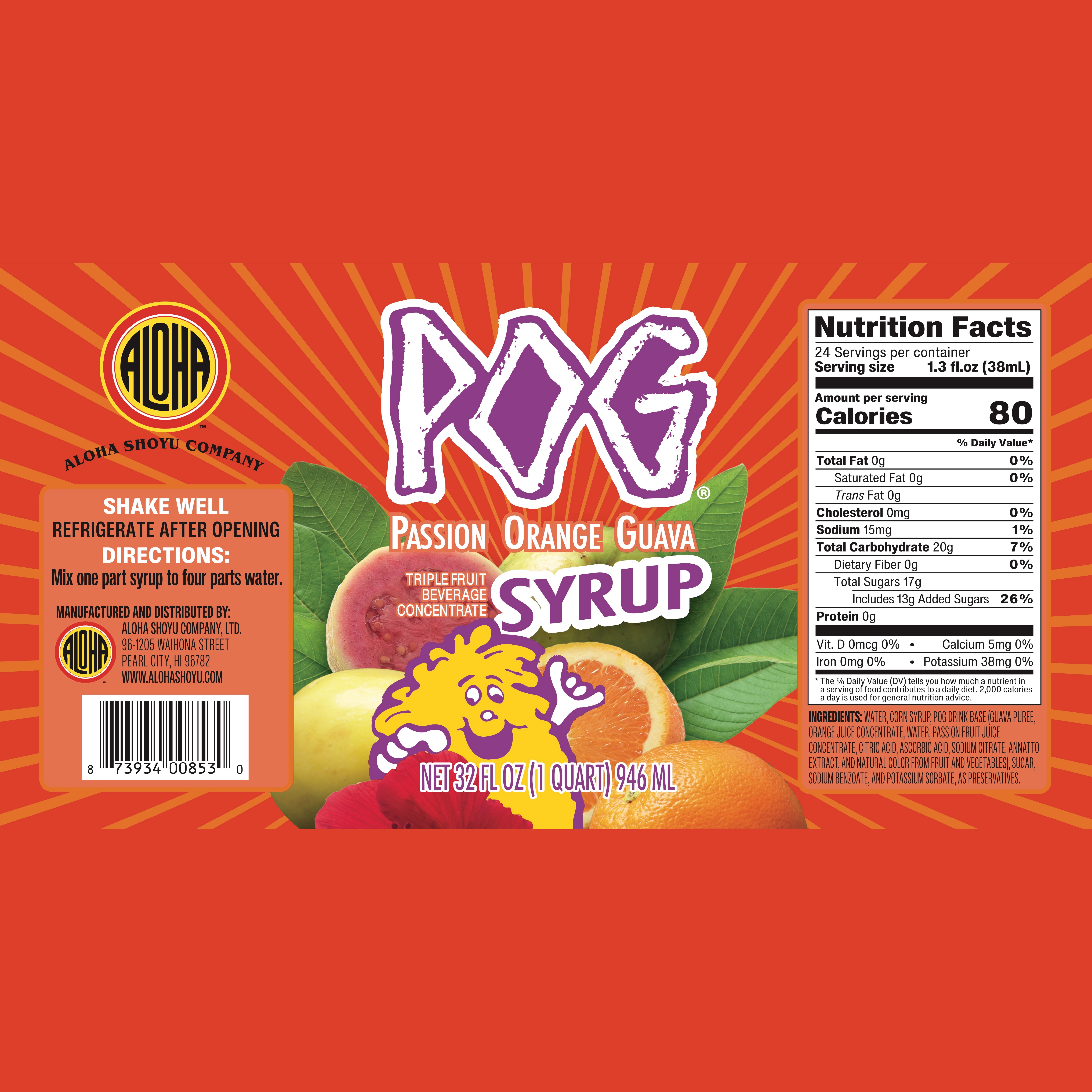 Aloha Gluten-Free POG Passion Orange Guava Syrup, Bottle, 32 fl oz