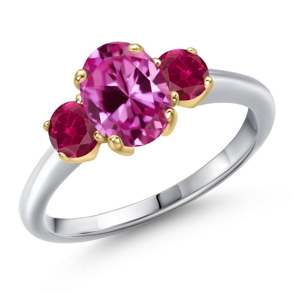 Gem Stone King 10K Two Tone Gold Pink Created Sapphire and Red Created Ruby Engagement Ring for Women | 2.15 Cttw | Oval 8X6MM | Gemstone September Birthstone | Size 8
