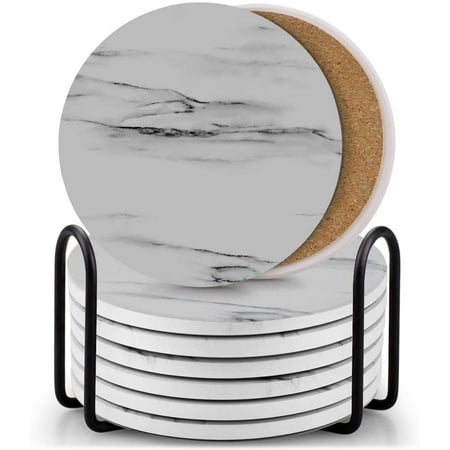 

Set of 8 Coasters for Drinks Absorbent Marble Style Ceramic Drink Coaster with Holder for Coffee Wooden Table Home Deco