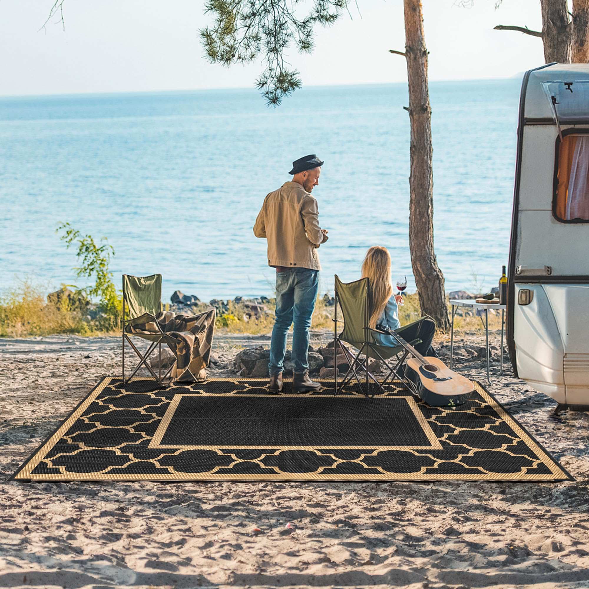 DEORAB 6'x9' Outdoor Rugs Waterproof Reversible Plastic Straw Patio Outside Carpet Camping RV Mat,Black & Brown