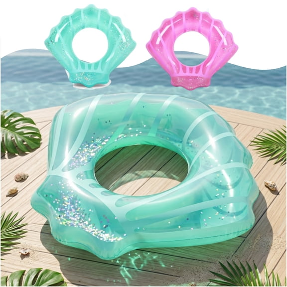 AYktou Summer Glitter Scallop Pool Floats, Portable Inflatable Seashell Swimming Floatie with Glittering Decor, Summer Beach Party Pool Party Float Ring Floaties for Adults Water Funs