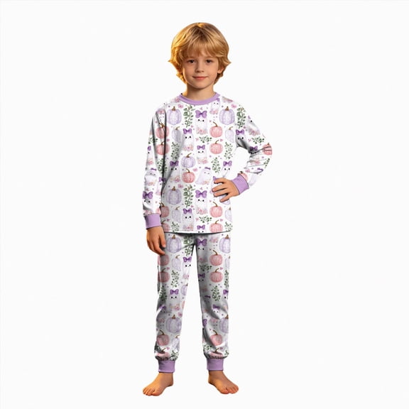mgoYE Kids Halloween Pajamas Boys Girls 2-Piece Loose-fit Pajama Set, Matching Long-Sleeve Pajamas Comfortable Sleepwear, Soft & Cute Nightwear for Kids 8-9 Years