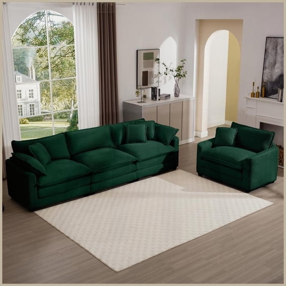 Mid-Century Modern 2-Piece Sectional Sofa Set: 3-Seater Single-Seater with 6 Pillows, Green Corduroy for Living Room