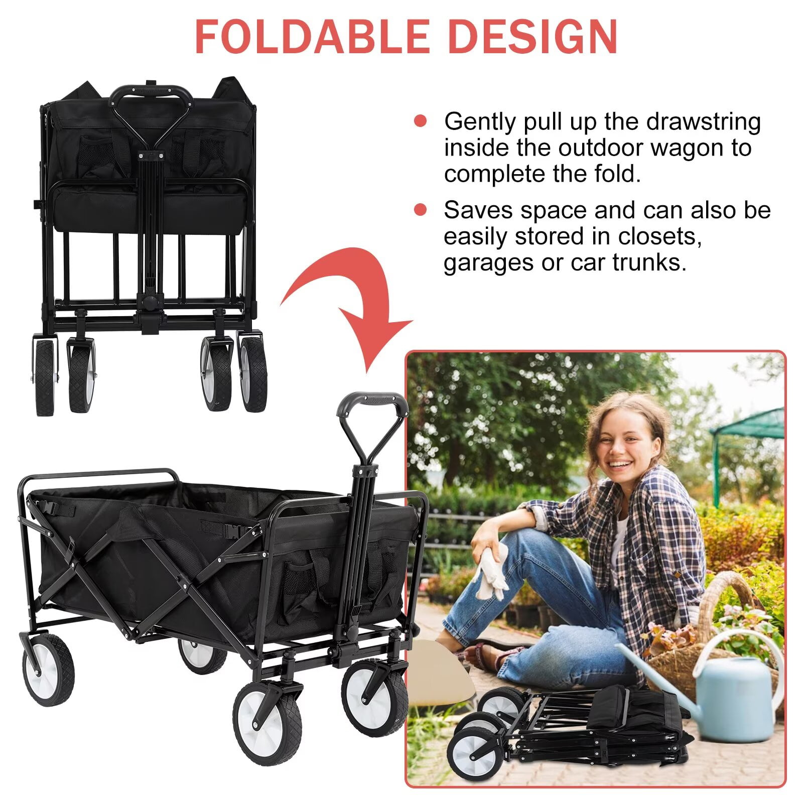 YRLLENSDAN,Beach Wagon with Big Wheels for Sand,Beach Carts for Sand,Grocery Cart on Wheels,Wagon Stroller,Foldable,Suitable for Outdoor Use,Black