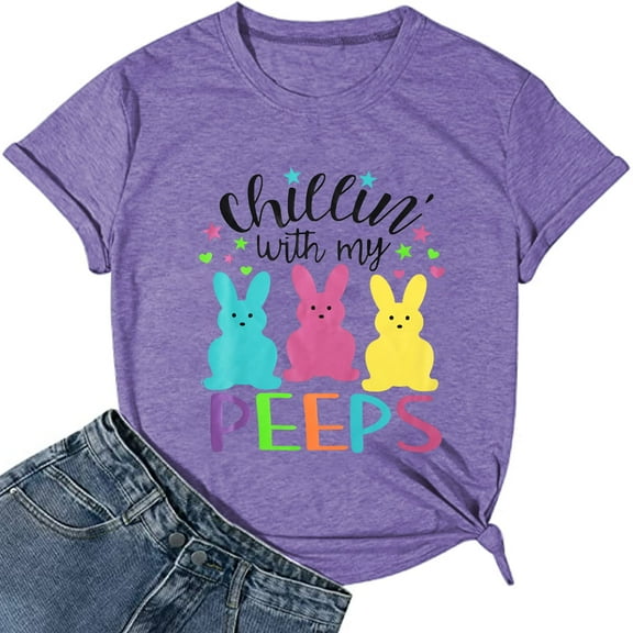 KimSoong Women Happy Easter Shirt Chillin with My Peeps Tee Shirt Cute Rabbit Graphic T-Shirt Easter Gift Tee Tops