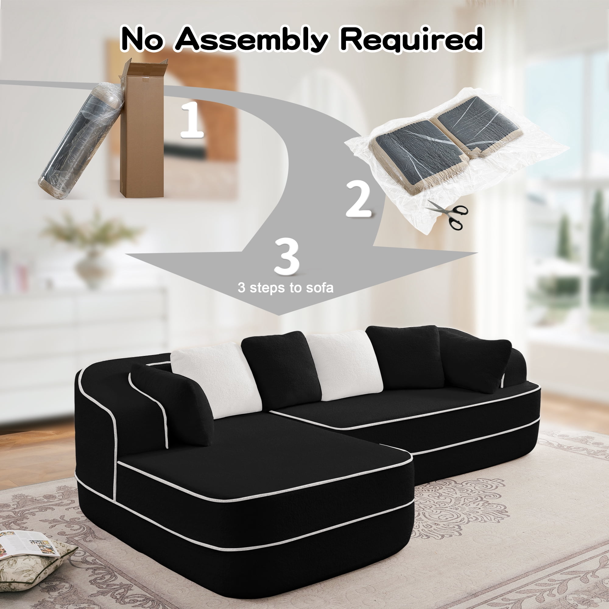 106" Teddy Fabric No Assembly 32D Boneless Sofa, Comfy Couch with L-Shaped Chaise for Living Room, Black