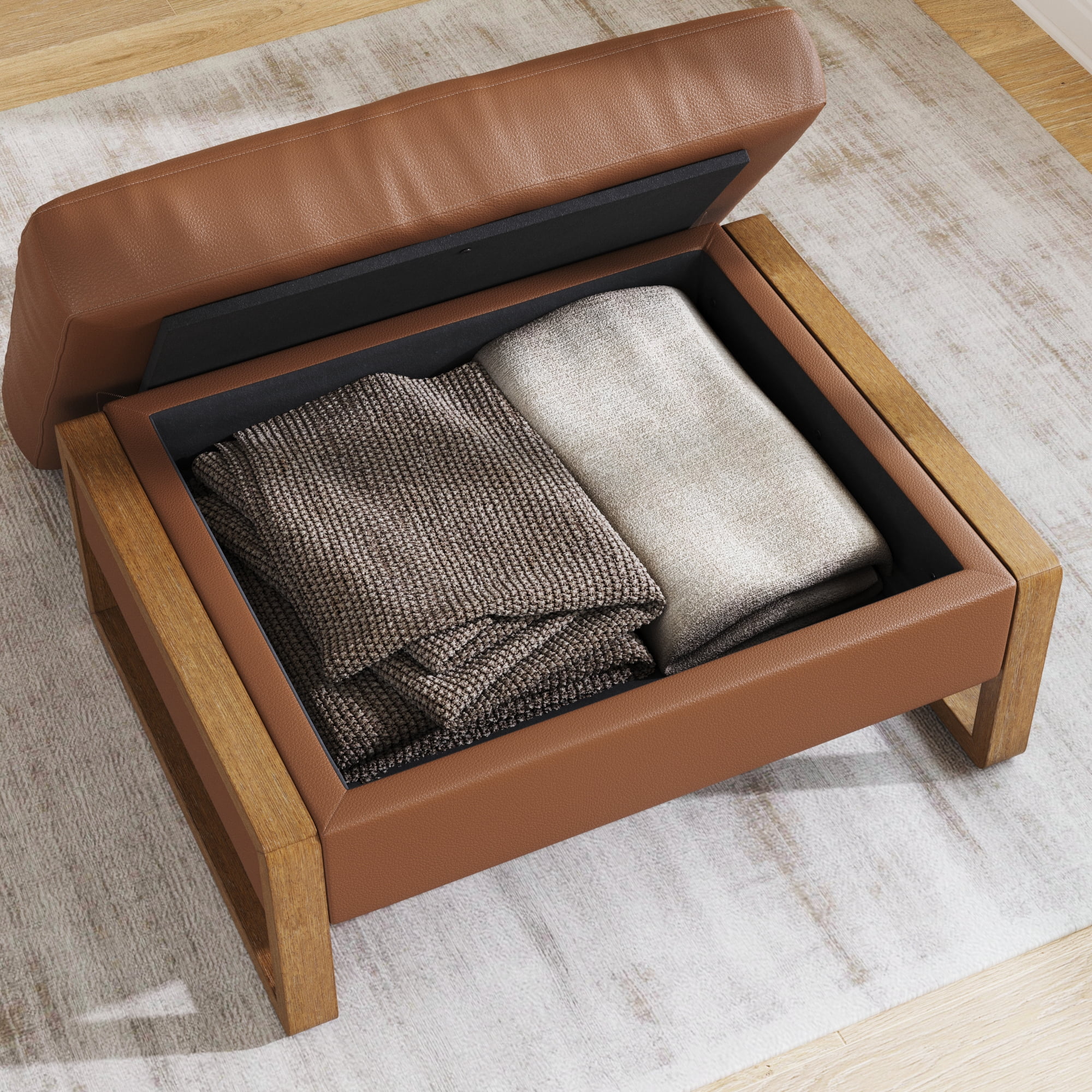 Nathan James Madison Modern Faux Leather Ottoman with Storage, Upholstered Ottoman with Solid Wood Legs, Bisque/White Oak