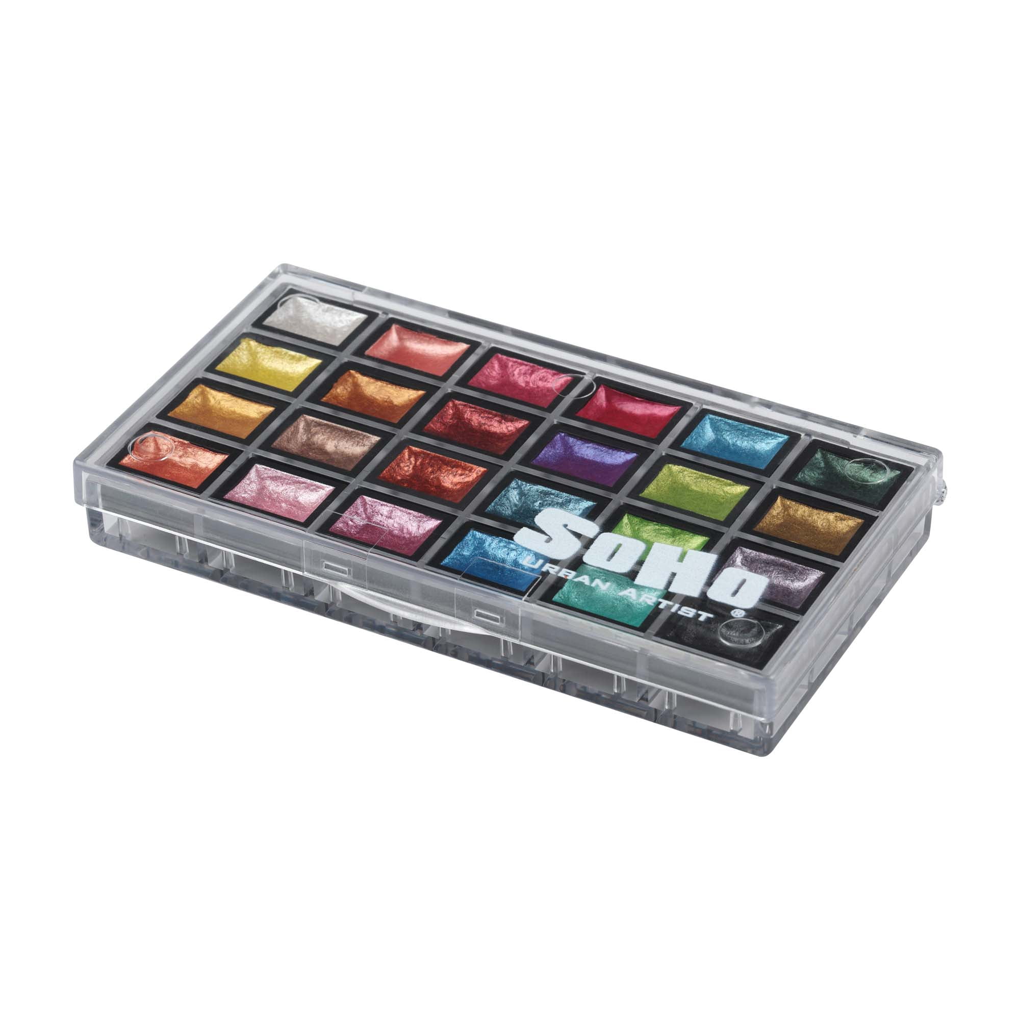 SoHo Urban Artist Mini Pan Metallic Watercolor Set of 24 – Luminous Shimmering Mini Pans, Professional Watercolor Paint Set in Clear Plastic Case, Semi-Moist Watercolor Pans for Easy Color Lift