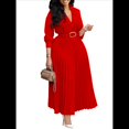 thumbnail image 1 of Vestido Plisado para Mujer, Cuello en V, Larga, Corte A, para Iglesia, Trabajo Formal, Negocios, con Cinturón Rojo M, 1 of 10