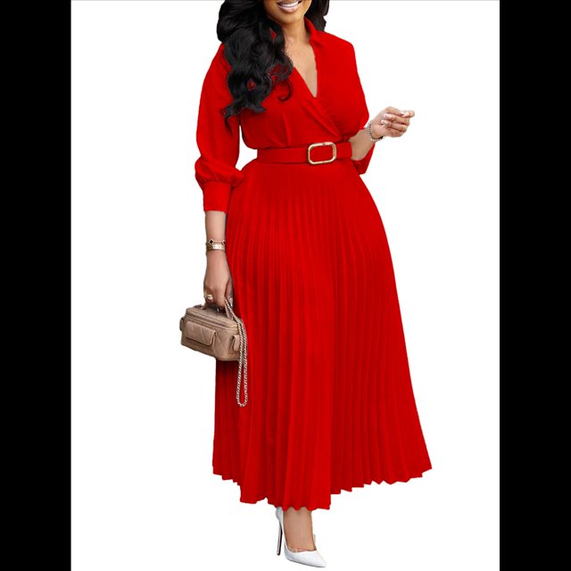 Vestido Plisado para Mujer, Cuello en V, Larga, Corte A, para Iglesia, Trabajo Formal, Negocios, con Cinturón Rojo M