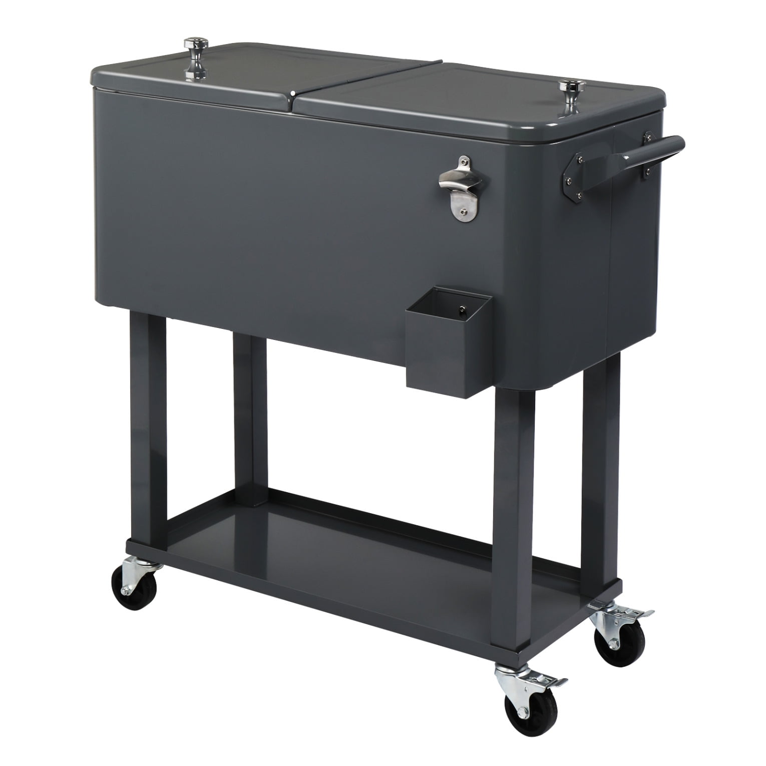 80QT Insulated Cooler Cart, Rectangular Plastic Refrigeration with Opener and Cap Catcher, 2 Side Handles, Cooling 48 Hours, for Outdoor, Dark Grey