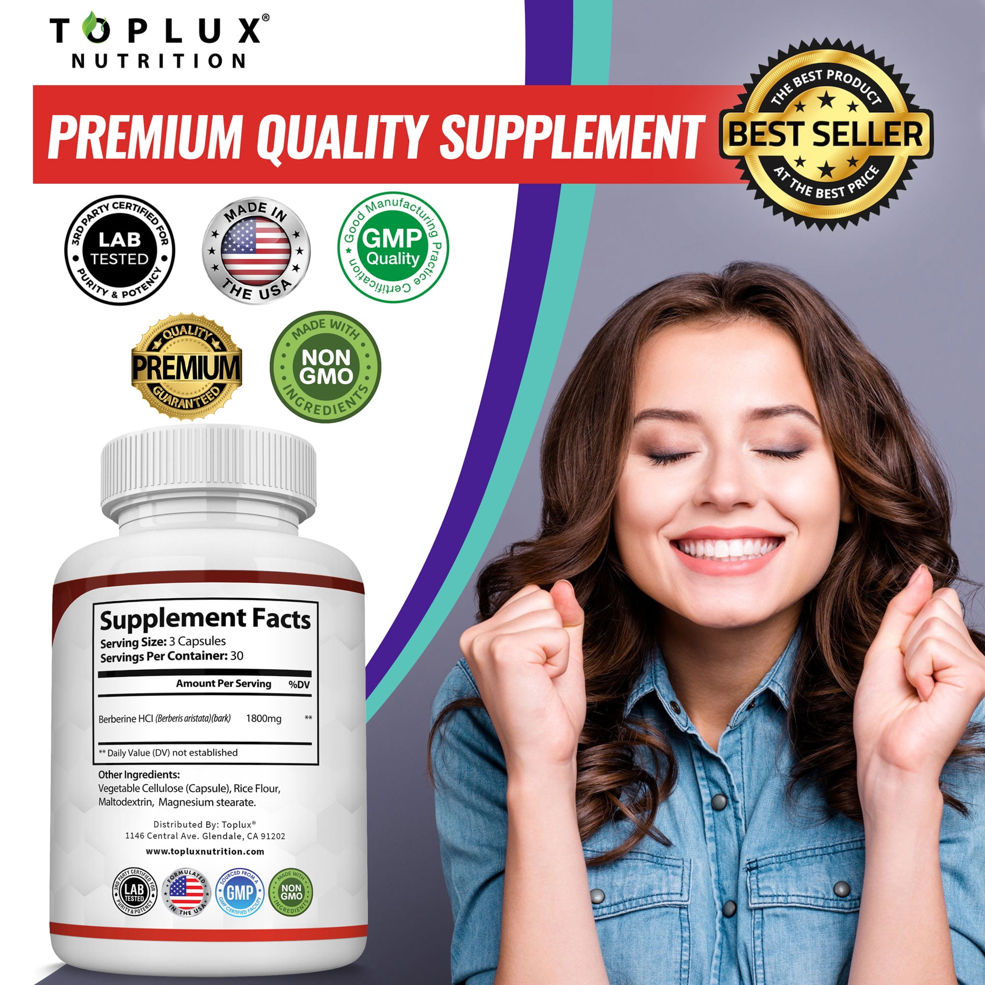 Toplux Berberine Supplement 1800mg Pure Berberine Hcl Supports Healthy Levels 90 Capsules