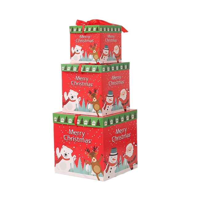 3Pcs Christmas Box Foldable Bright Color Christmas Style Snowman Patterns Bow Tie Merry Christmas Gift Box for Festival