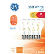 GE A19 LED Light Bulbs, 40 Watt, Soft White, 13yr, 4pk CEC