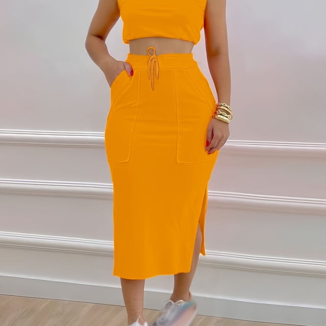 Conjunto informal sólido de dos piezas, camiseta sin mangas sin mangas y faldas divididas con cordón, ropa de mujer