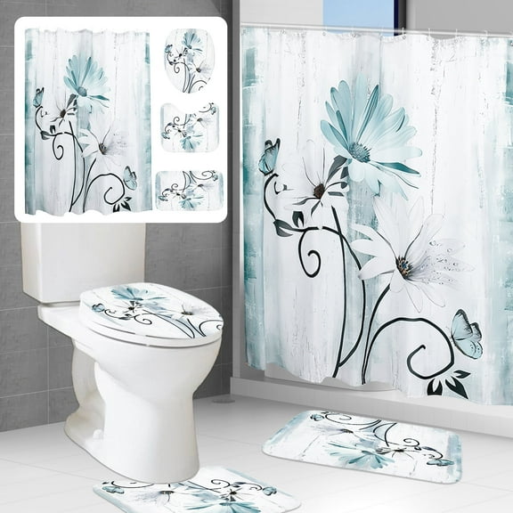 Dznils Rustic Farmhouse Shower Curtain and Rug Set, 16 Pc Teal Daisy Floral Bathroom Set, 72" x 72"