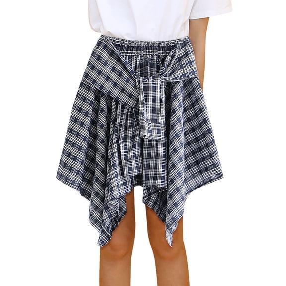 FASHOFT Womens Plaid Irregular Mini Skirt Elastic Waist Tie Up Design Classic Check Pattern Casual Bottom Daily Street Comfortable Skirt Dark Blue
