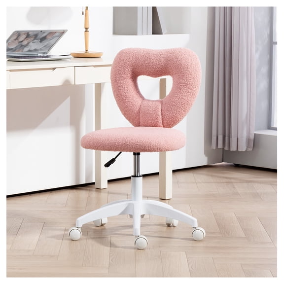 Pink Armless Desk Chair, Teddy Fleece Office Chair with Swivel Wheels, Heart Shaped Vanity Chair for Home Office, Adjustable Height Task Chair