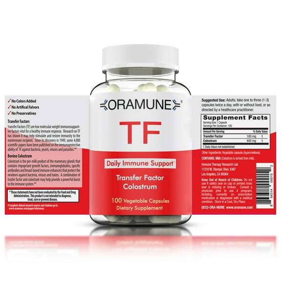 Oramune TF Immune Support Supplement with Transfer Factor and Pure Colostrum, Bovine Colostrum Capsules, Immunity Supplement, 100 Capsules