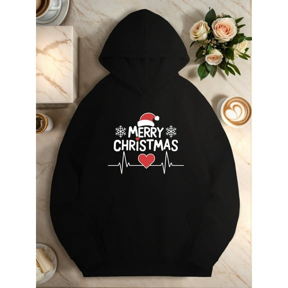 Women's Plus Size Christmas Hoodie – Heartbeat Joy Graphic Pullover, Soft Fleece Long Sleeve Sweatshirt for Holiday & Winter Casual Wear