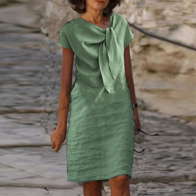 Jusqu'à 65 % de Réduction! Robes de Mode d'Été pour Femmes 2024 Grande Taille Nouvelle Élégance Col Rond Noué Manches Courtes Couleur Unie Coton Lin Robe