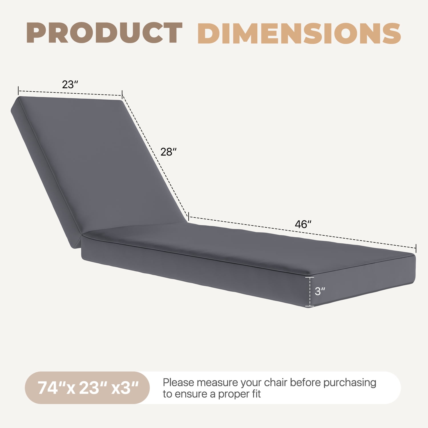 BaPiPro Gray Outdoor Chaise Lounge Cushion, Waterproof Patio Lounge Chair Pad with High-Density Foam, Removable Cover & Secure Ties for Poolside, Garden & Patio