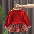 thumbnail image 4 of Odeerbi Toddler Girls Fall Winter Outfits Rabbit Cardigan Sweater with Plaid Pleated Skirt Set 1-8 Years Kids Cute Long Sleeve Tie Button Sweater Skirt Two-piece Set Toddler Clothes Red, 4 of 9