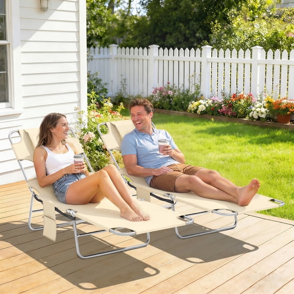 Outsunny Folding Beach Lounge Chair Set of 2 with Face Hole and Arm Slots, 5-level Adjustable Sun Lounger Tanning Chair with Pillow, Beige