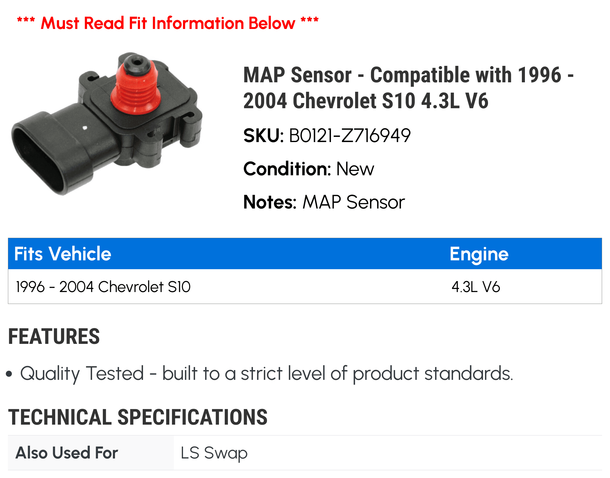 MAP Sensor - Compatible with 1996 - 2004 Chevy S10 4.3L V6 1997 1998 1999 2000 2001 2002 2003