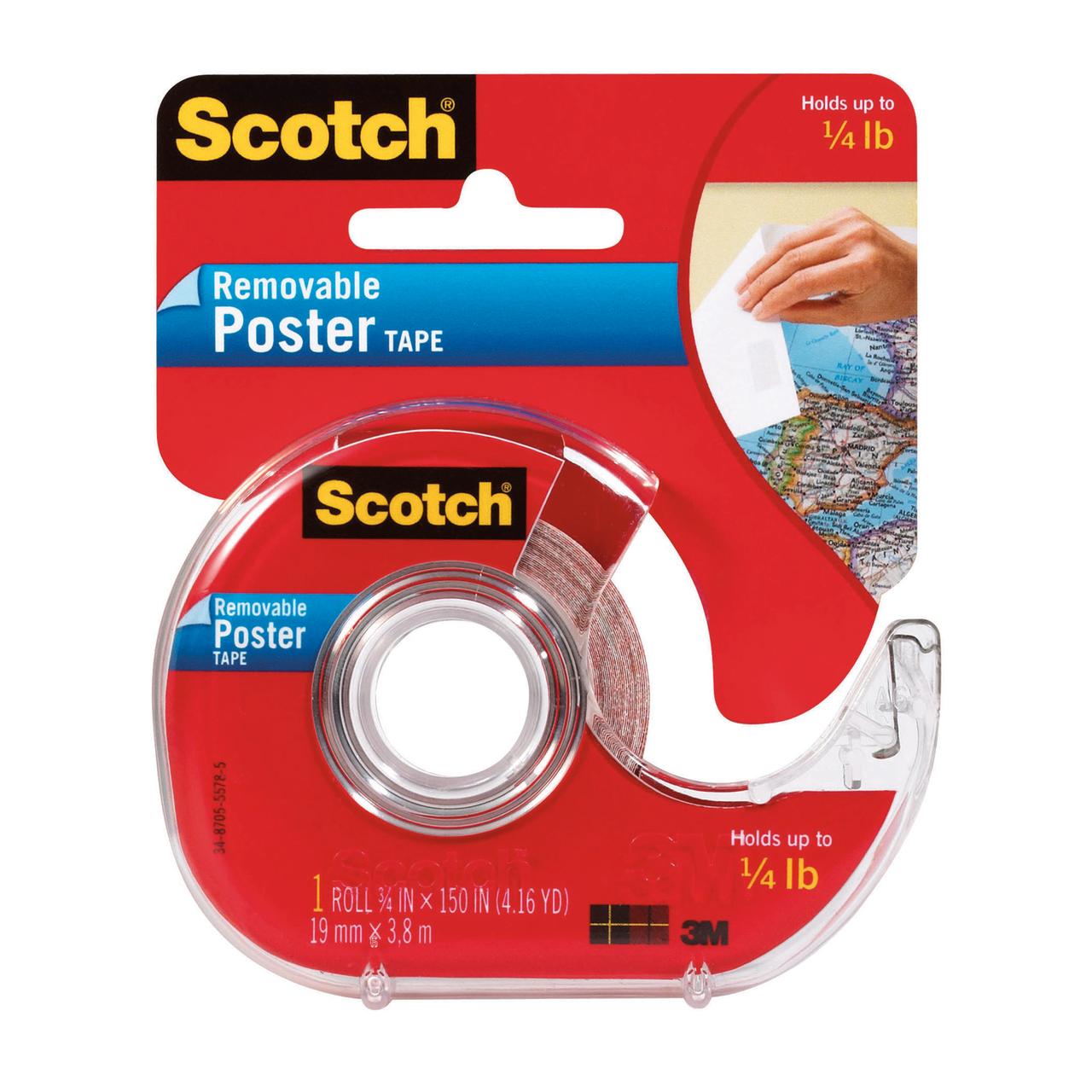 Scotch Removable Poster Tape with Dispenser, 3/4" x 150", Clear, Pack of 3