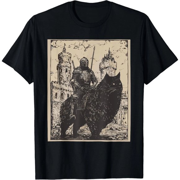 Knight Cat Rider Medieval Knight Riding Cat Graphic Unisex T-Shirt Z115, up to Size 5XL