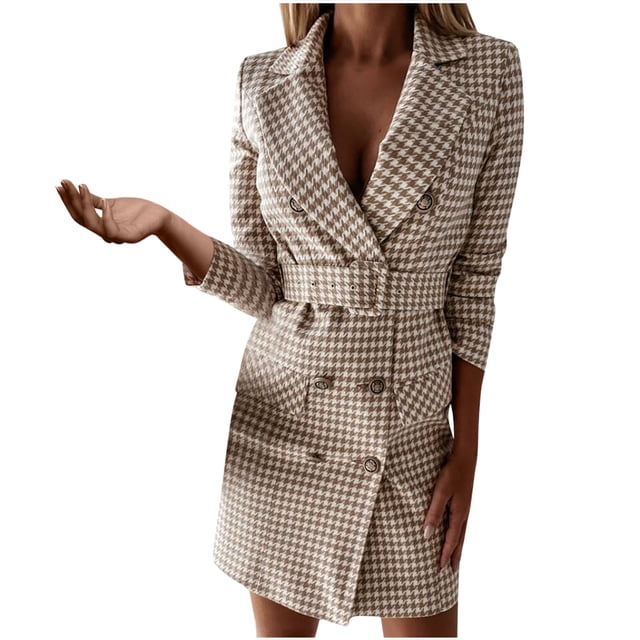 Robes Décontractées pour Femmes Vacances Mode Femmes Robe à Manches Longues à Carreaux Imprimée à Boutons Col en V Plissée Robe Moulante de Soirée Boîte de Nuit Manches Longues Col en V Motif à Carreaux Bandage Robe Portefeuille à Double Bouton