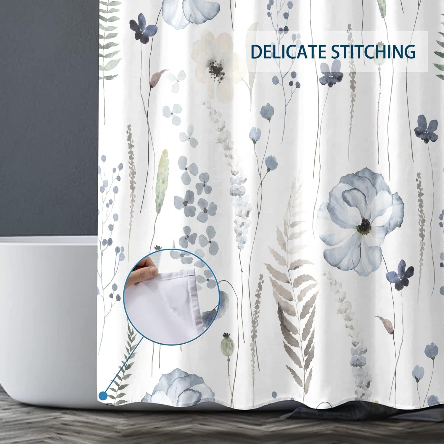 Blue Watercolor Floral Shower Curtain 72 x 72 Inch, Waterproof Fabric Flowers Shower Curtain for Bathroom, Minimalist Wildflower Shower Curtain with 12 Hooks