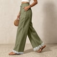thumbnail image 7 of Women Straight Leg Pants with Lace Hem Trim, Elastic Drawstring Waist Casual Long Trousers with Pockets, Solid Loose Daily Pants for Vacation Army Green XL(XL), 7 of 7