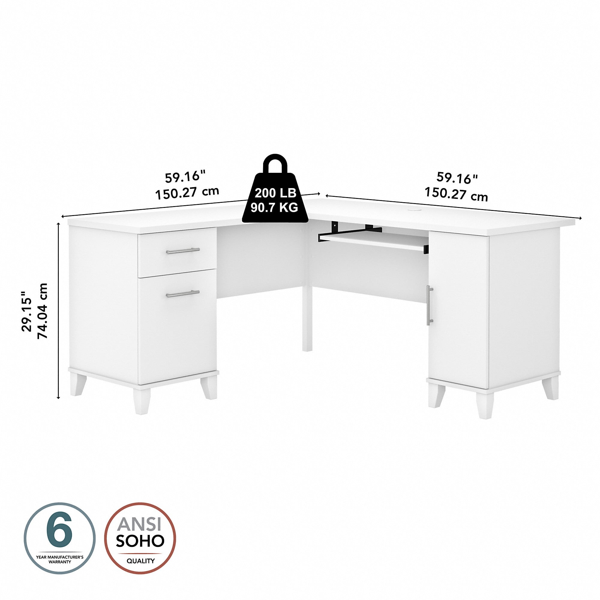 Bush Furniture Somerset 60" L Shaped Desk with Storage, White