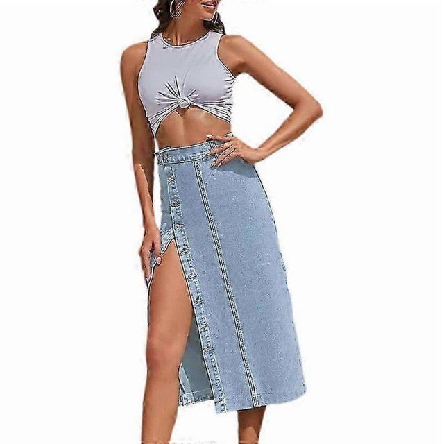 Womens High Waisted Washed Button Front Denim Long Skirt