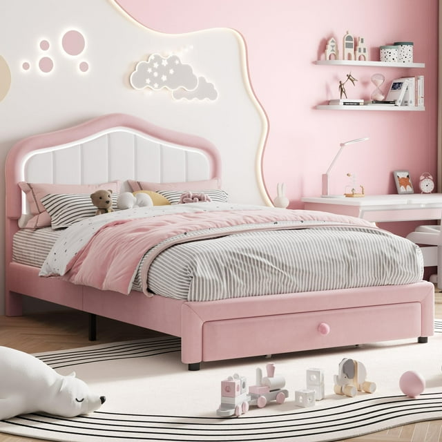 Yeshouse estructura de cama tapizada tamaño completo con iluminación LED y cajón de almacenamiento, terciopelo, soporte de listones de madera, fácil montaje, sin somier